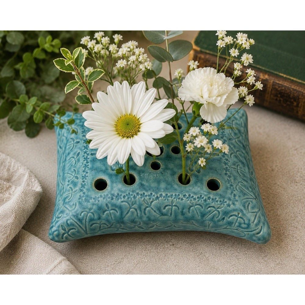 Handmade Studio‎ Pottery Flower Frog Turquoise Dragonfly Floral Arranger